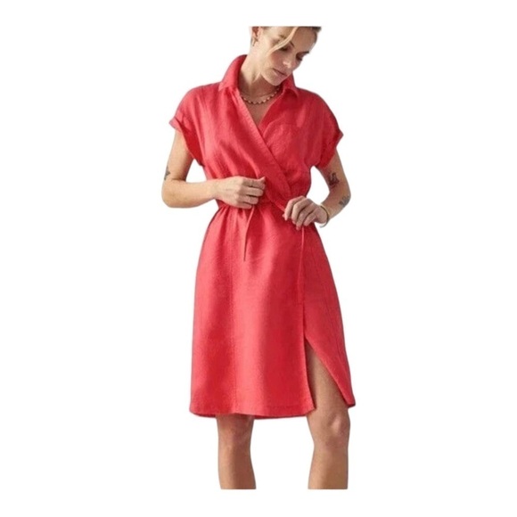 ATHLETA Playa Linen Short Sleeve Tie Waist Mini Wrap Dress Coral Size 10 - Picture 2 of 8
